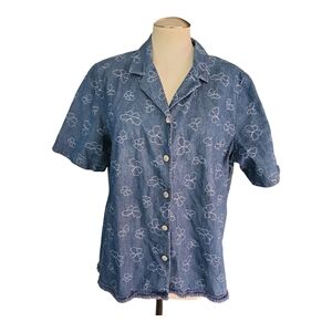 Alfred Dunner Embroidered Floral Chambray Shirt | Size 18 | 100% Cotton Button